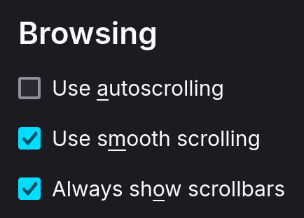 a screenshot of the firefox settings menu, in particular the option to always show scrollbars